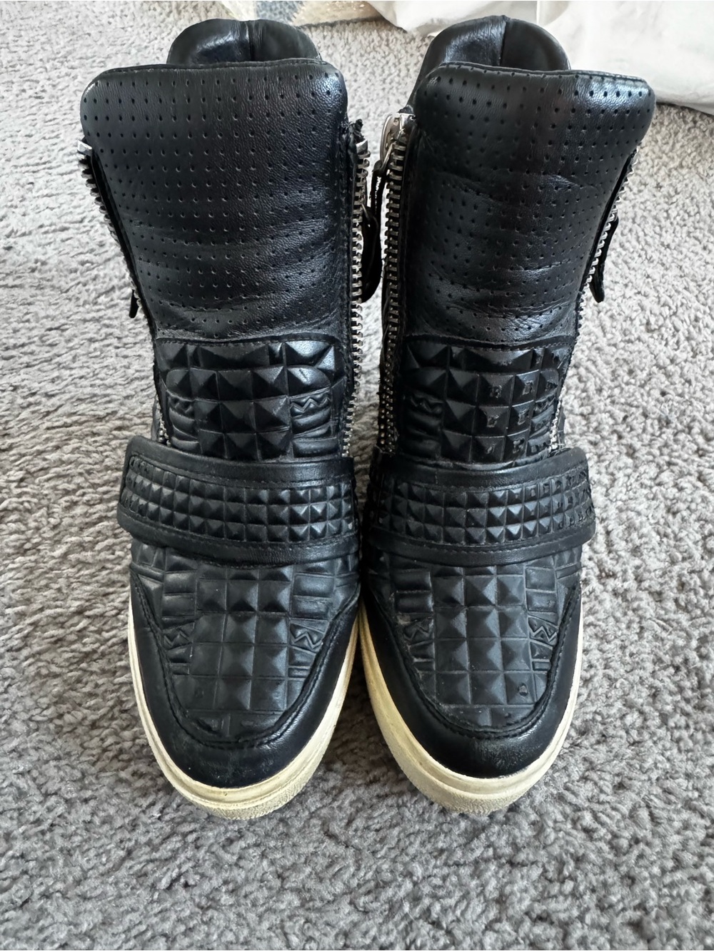 Ash Black Pyramid-Stud High-Top Sneakers with Off-White Sole